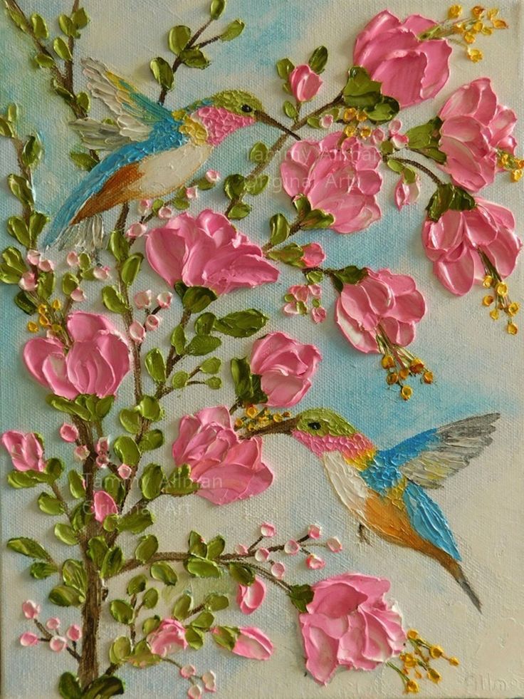 a painting with pink flowers and birds on it