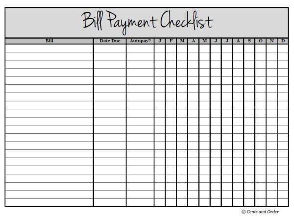 the bill payment checklist is shown in black and white, as well as an image of