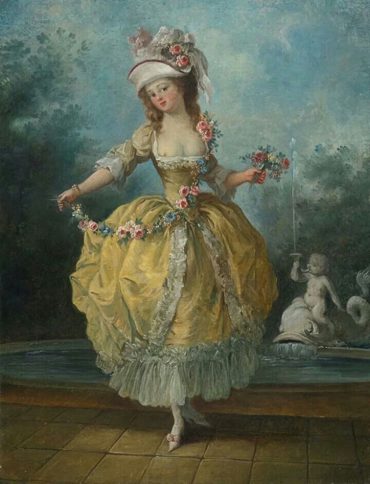 a painting of a woman in a yellow dress and white hat with flowers on her head