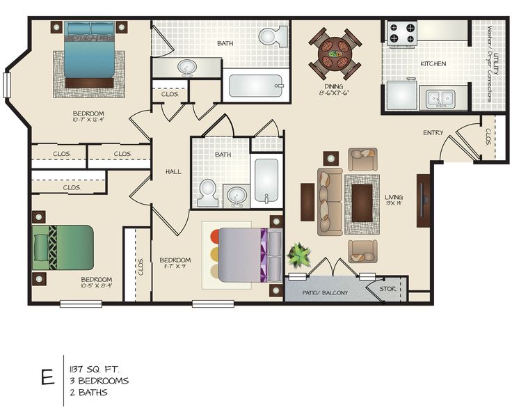 the floor plan for a two bedroom apartment with an attached kitchen and living room area