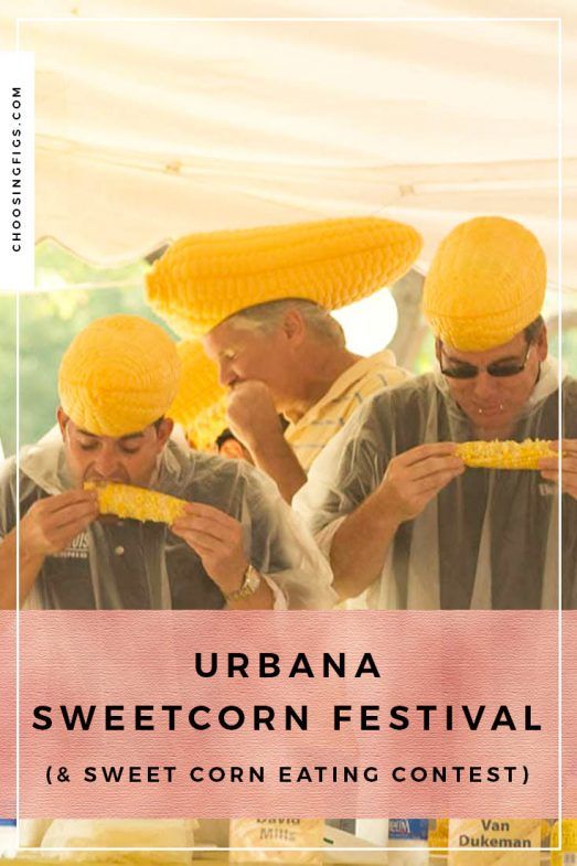 three men wearing corn on the cob hats in front of a tent with text that reads, urbana sweetcorn festival & sweet corn eating contest contest contest