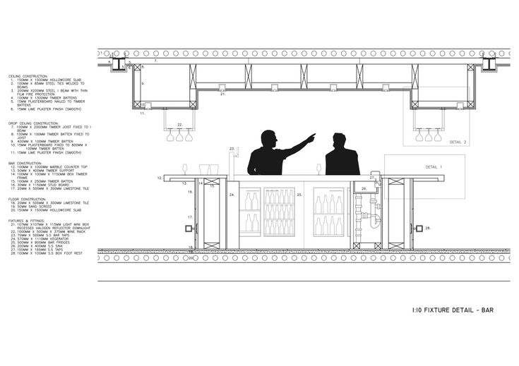 two people sitting at a table in front of a wall with drawings on the walls