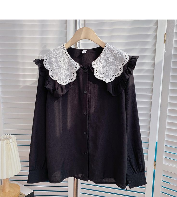 Style: commuting Size: one size Color: apricot, black, green, white Chiffon Long Sleeve, Peter Pan Collar, Outfits Fashion, Black Green, Apricot, Cosplay Costumes, Button Up Shirts, Ruffle Blouse, Long Sleeve Blouse