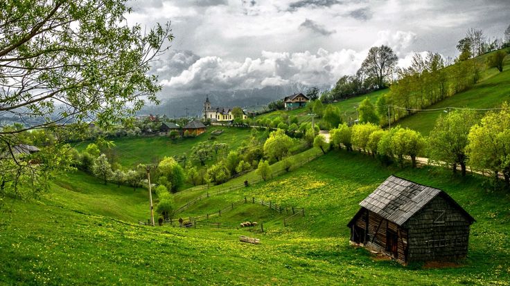 a small house in the middle of a lush green field