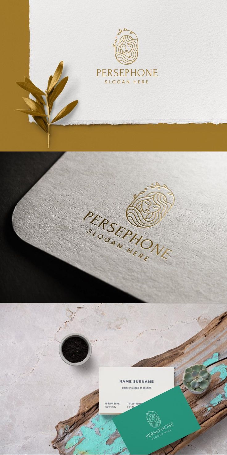 some business cards with gold foil on them and the logo for persphonee