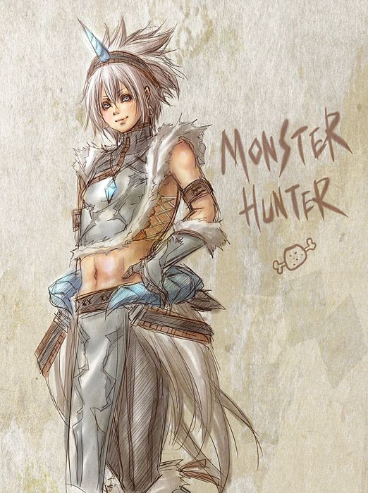 a drawing of a monster hunter with long hair