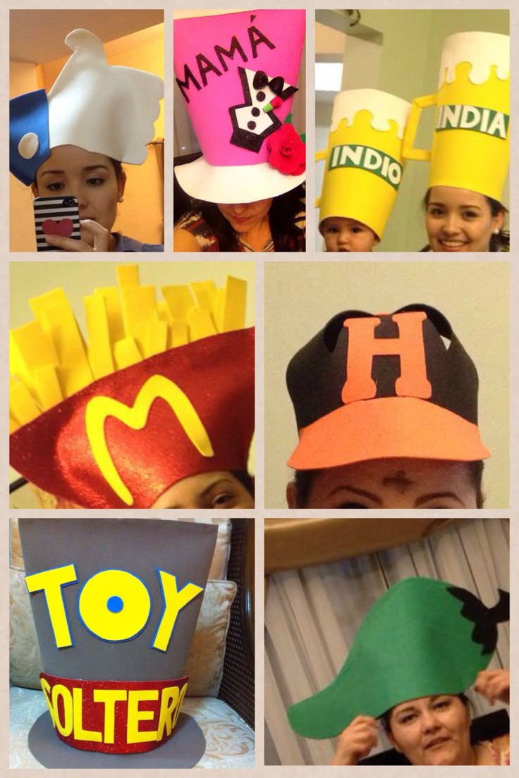 several pictures of children wearing hats made to look like mcdonald's