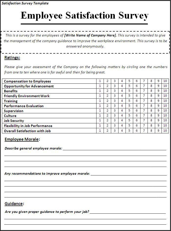 employee satisfaction survey form for employees to use in the company's workday schedule