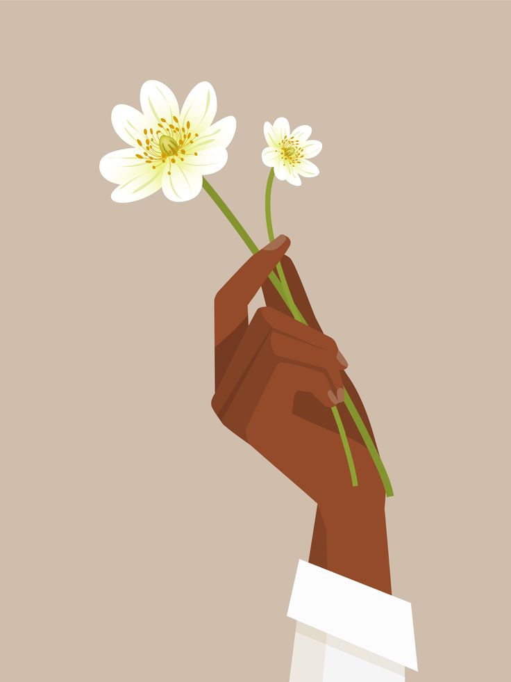 a person's hand holding two white flowers