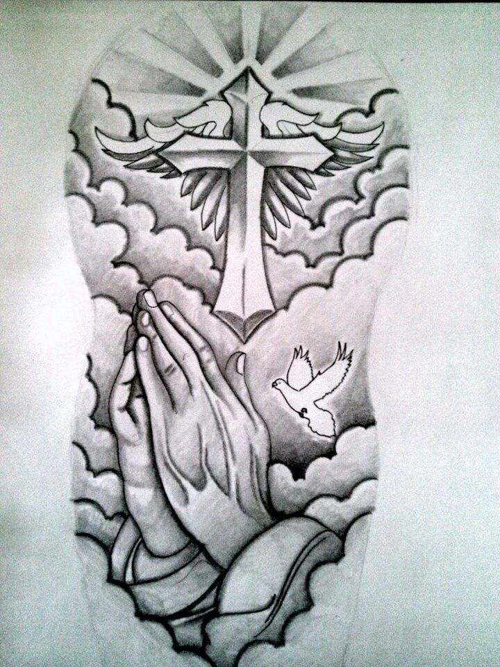 a drawing of hands holding a cross with clouds and doves in the sky behind it