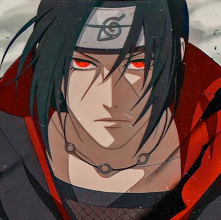 an anime character with black hair and red eyes