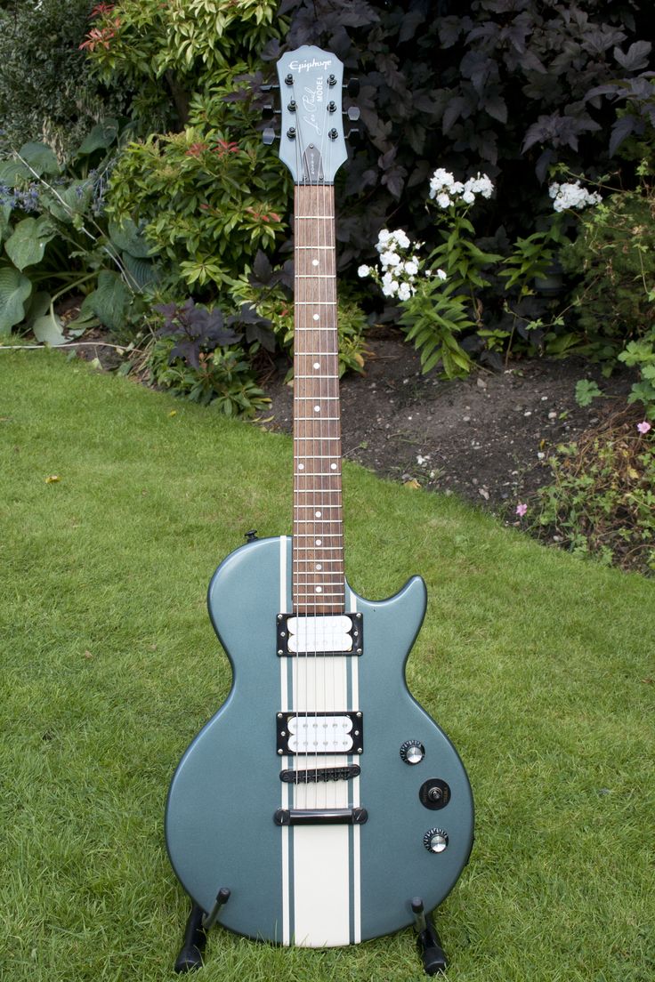 a blue and white guitar sitting on top of a lush green grass covered field next to bushes