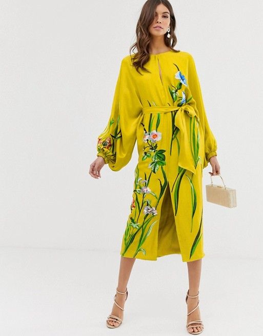 ASOS EDITION floral embroidered belted midi dress in satin | ASOS Womens Sequin Dresses, Yellow Floral Dress, Embroidered Midi Dress, Belted Midi Dress, Glitter Dress, Mini Shirt Dress, Mode Online, Lace Midi Dress, Tea Dress