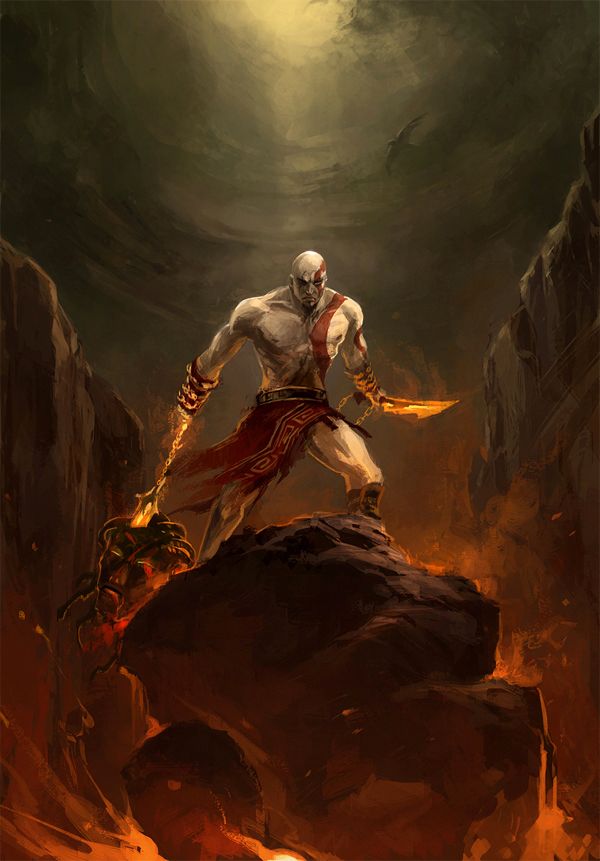 a man standing on top of a rock in the middle of a cave with flames