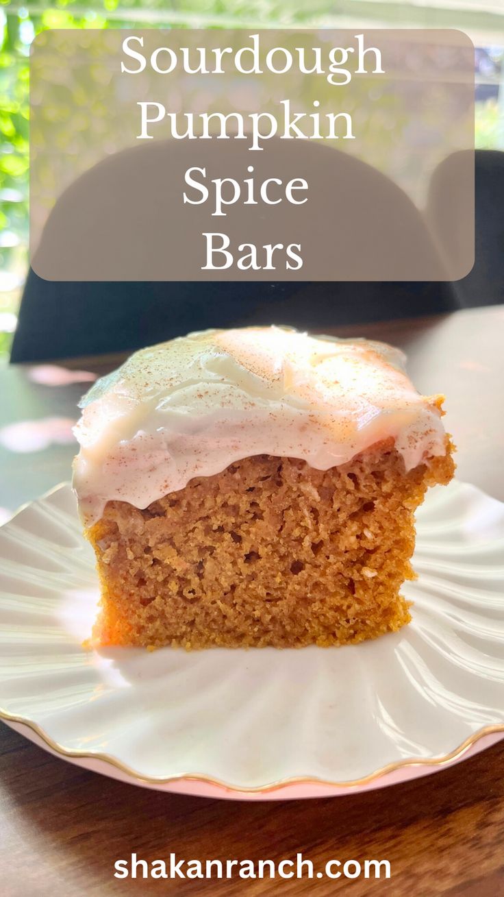 a close up of a piece of cake on a plate with the words sourdough pumpkin spice bars