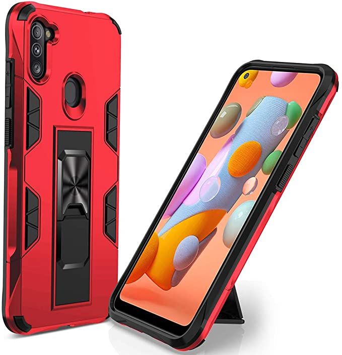 an image of a red phone case next to it's kickstand holder