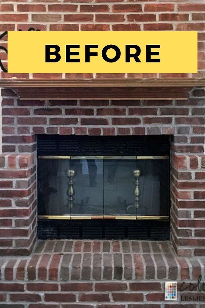 a brick fireplace with the words before and after painted on it's front side