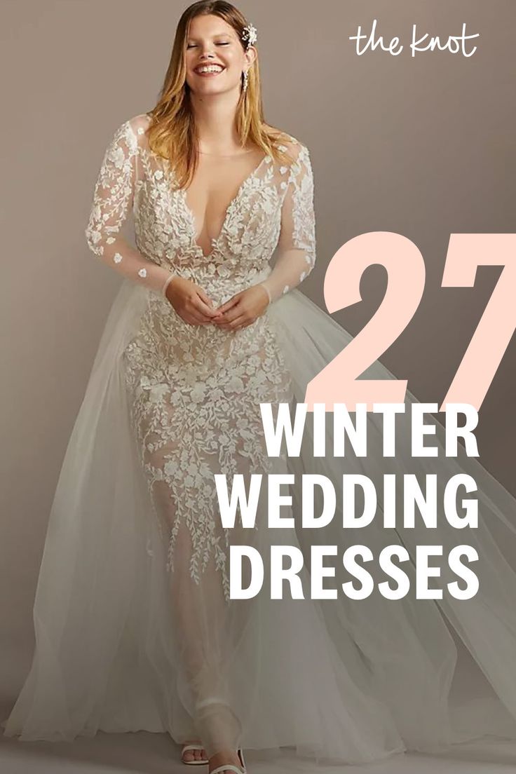 a woman in a wedding dress with the words 27 winter wedding dresses