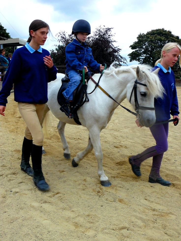 two women and a child riding on the back of a white horse