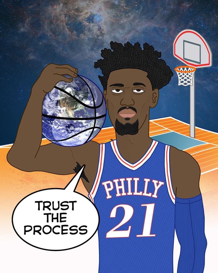 an illustration of a basketball player holding a ball in front of his face with the words trust the process on it