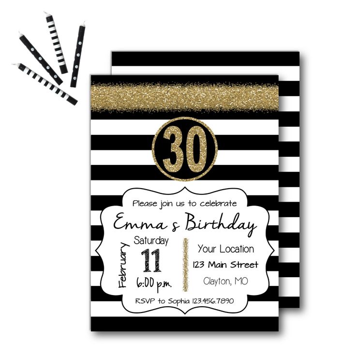 a black and white striped birthday card with gold foil on the number 30, is shown