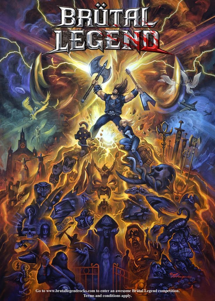 the cover art for brutat legend, featuring an image of a man surrounded by monsters