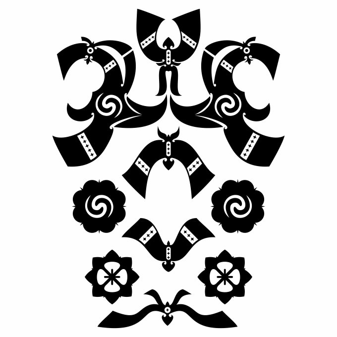 an abstract design with black and white flowers