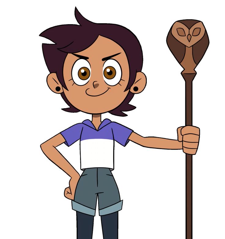 a cartoon girl holding a stick with an owl on it