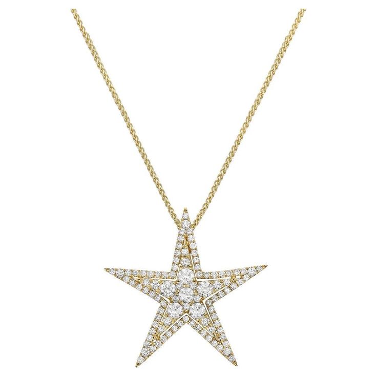 This star pendant shines bright with 96 round VS2, G color diamonds that total 0.87 carats. They are set in 2.5 grams of 18 karat yellow gold. This stunning 5 points star comes with an 18 karat yellow gold chain that can be worn at 3 different lengths to make 16, 17 or 18 inches long. Gold Star Pendant, Yellow Gold Chain, Gold Star, Star Pendant, Gold Stars, Gold Chain, Colored Diamonds, Jewelry Necklace Pendant, Jewelry Necklaces