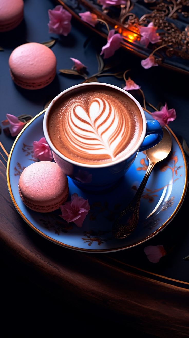 a blue plate topped with a cup of coffee and macaroons on top of it