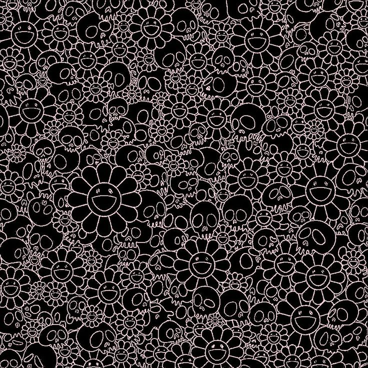 an abstract black and white background with circles, flowers, and swirls on it