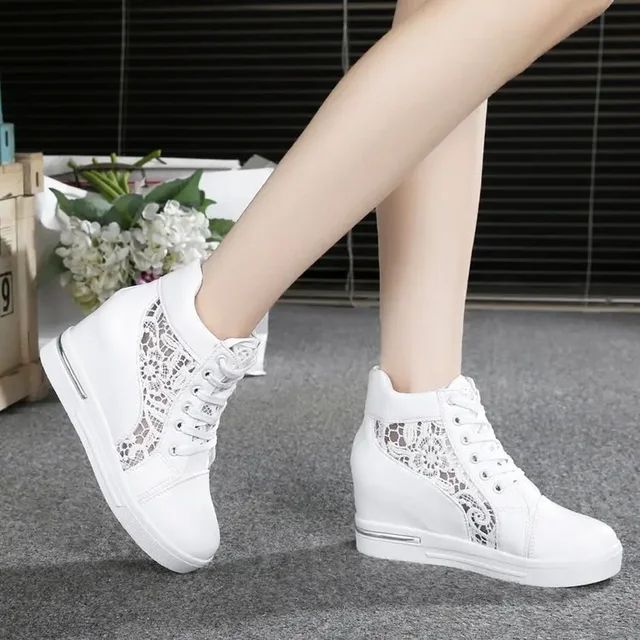 Eco-Friendly Silver Leather Wedge Platform Sneakers Sneakers To Buy, Heel Sneakers, Wedge Heel Sneakers, Sneakers Platform, Lace Up High Heels, High Heel Sneakers, Point Shoes, Womens Wedding Shoes, Beige Shoes