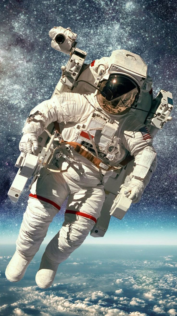 an astronaut floating in the air above earth with stars and clouds behind him, looking like he is about to go into space