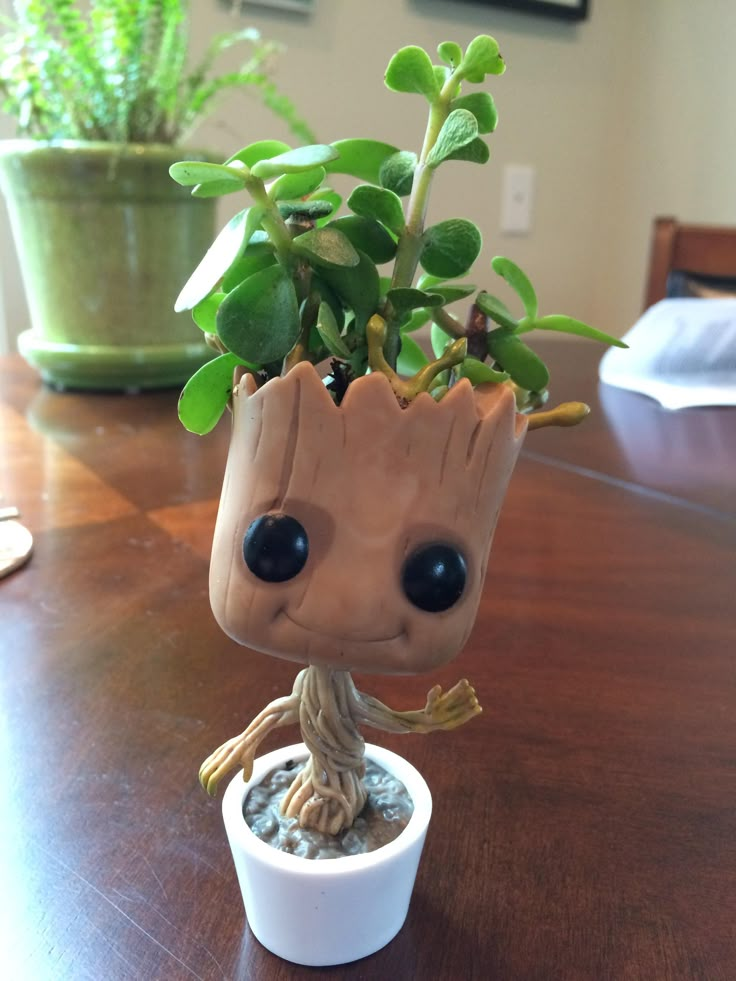 a small potted plant sitting on top of a wooden table next to a white cup