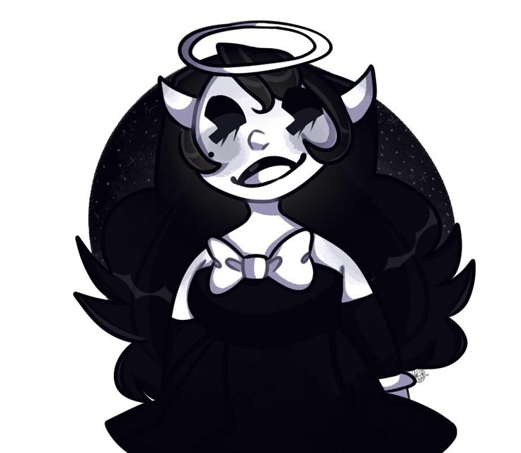 a drawing of an angel with horns on it's head and black dress, sitting in