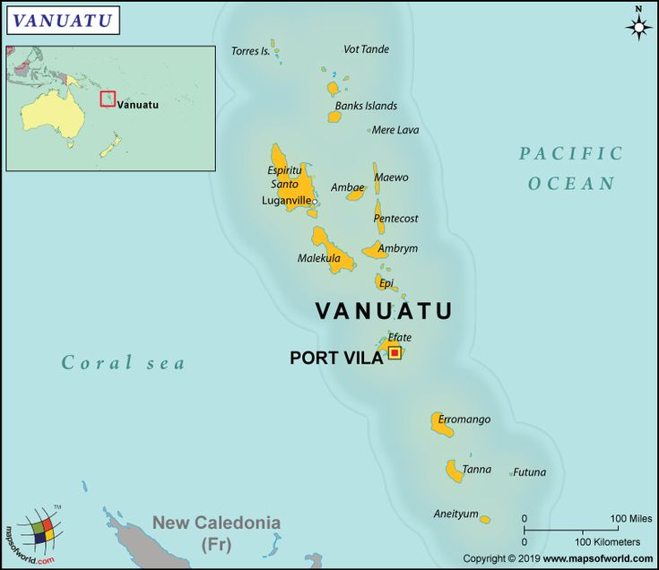 a map of the island of vanuatu in the pacific ocean, with cities and towns