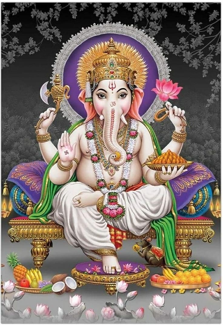 lord ganesha sitting on a bench with fruits and flowers around him, in front of