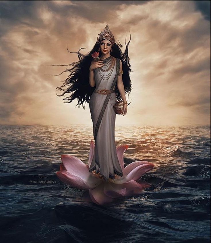 a woman standing on top of a pink flower in the middle of water with clouds behind her