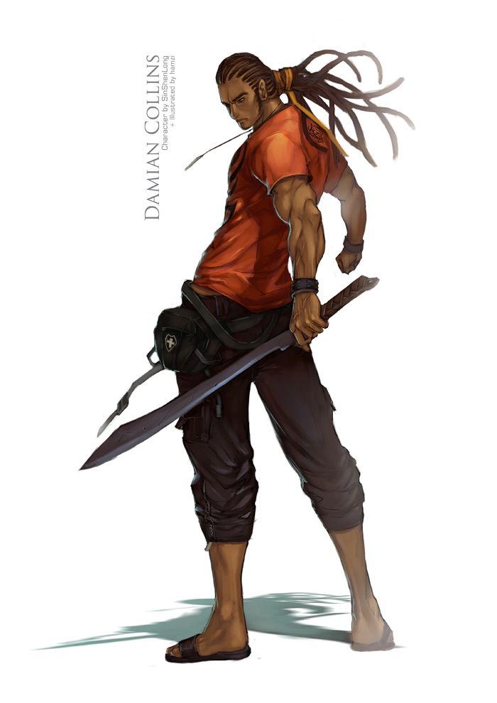 a drawing of a woman holding two swords and wearing red shirt with dreadlocks