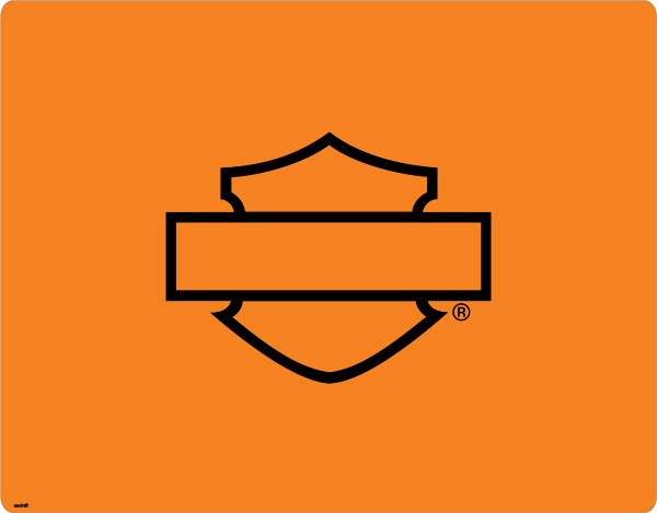 an orange background with a black and white shield