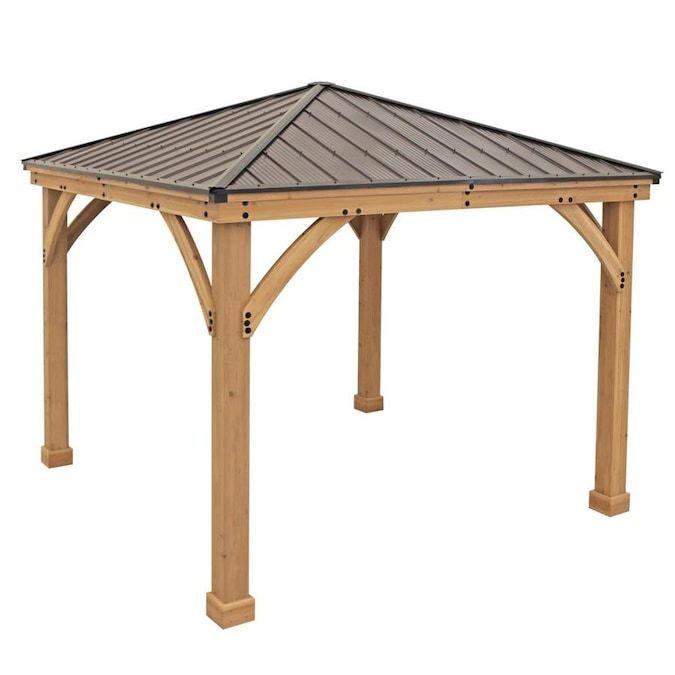 a wooden gazebo with a metal roof on an isolated white background for design purposes