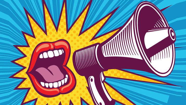 a woman yelling into a megaphone with her mouth open and the word pop art on it