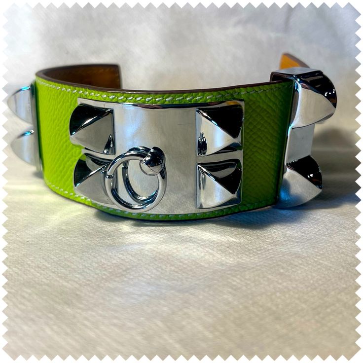 This Bracelet Would Be A Wonderful Addition To A Summer Outfit. Show Up And Make A Statement! Dimensions Approx 9” L , 1.5 “ W, 4 Slots For Adjustments Luxury Green Cuff Bracelet For Formal Occasions, Luxury Formal Jewelry With Silver Buckle, Luxury Green Cuff Bracelet As Gift, Luxury Leather Bangle Jewelry, Designer Green Bracelets As Gift, Designer Green Bracelets For Gifts, Formal Silver Leather Bracelet With Palladium Hardware, Luxury Silver Leather Bracelet With Palladium Hardware, Designer Silver Leather Jewelry