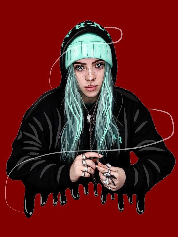 a drawing of a girl with blue hair wearing a black jacket and green beanie