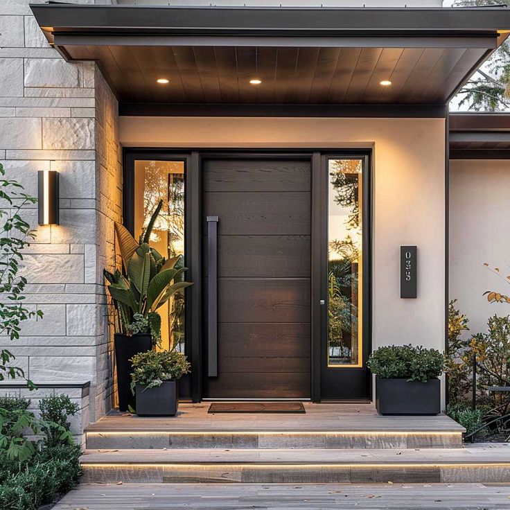 the front door of a modern home with two planters