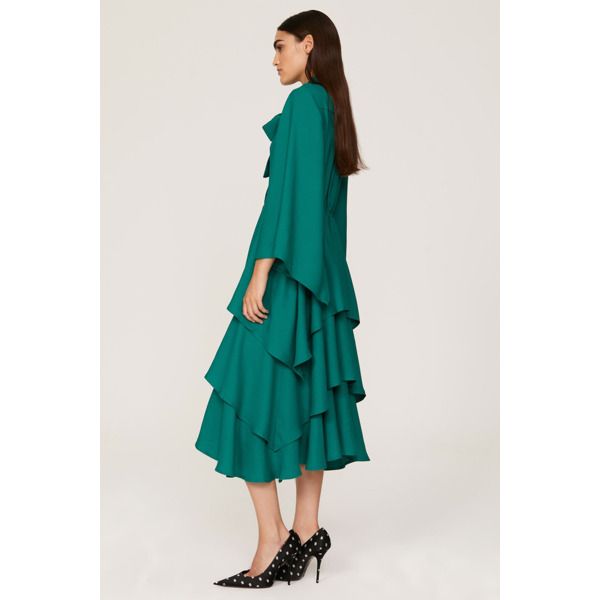 Green chiffon (100% Polyester). A-line. Long sleeves. High neck. Front button closure. 46.5" from shoulder to hemline. Imported. Front Ruffle Dress, Velvet Clutch, Tie Neck Dress, Rent The Runway, Closet Designs, Work Looks, Ruffle Dress, Green Dress, Cold Shoulder Dress