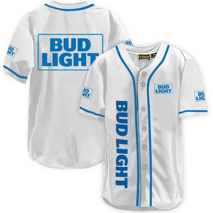 the bud light baseball jersey is white and blue