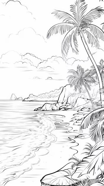 a black and white drawing of palm trees on the shore of a tropical island in the ocean