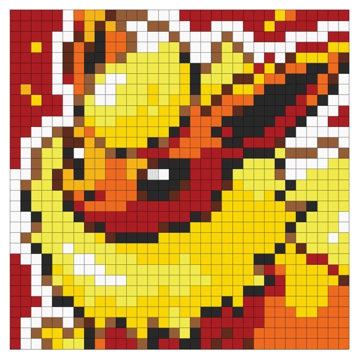 a pixellated image of a yellow and red bird with big eyes on it's face