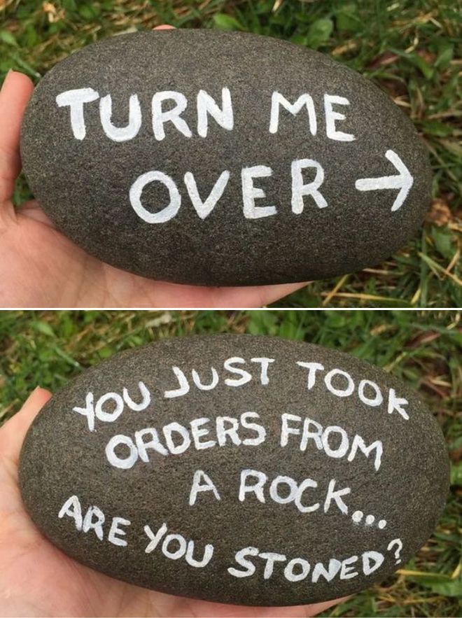 Turn Me Over! Funny Rock, Paint Rock, 웃긴 사진, Rock Crafts, Cool Paintings, Gag Gifts, A Rock, Pebble Art, Stone Art